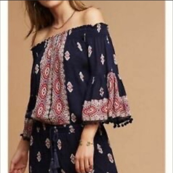 Anthropologie Lina Vada Boho Print Bell Sleeve Pom Pom Romper Black Red SZ M - Picture 4 of 9